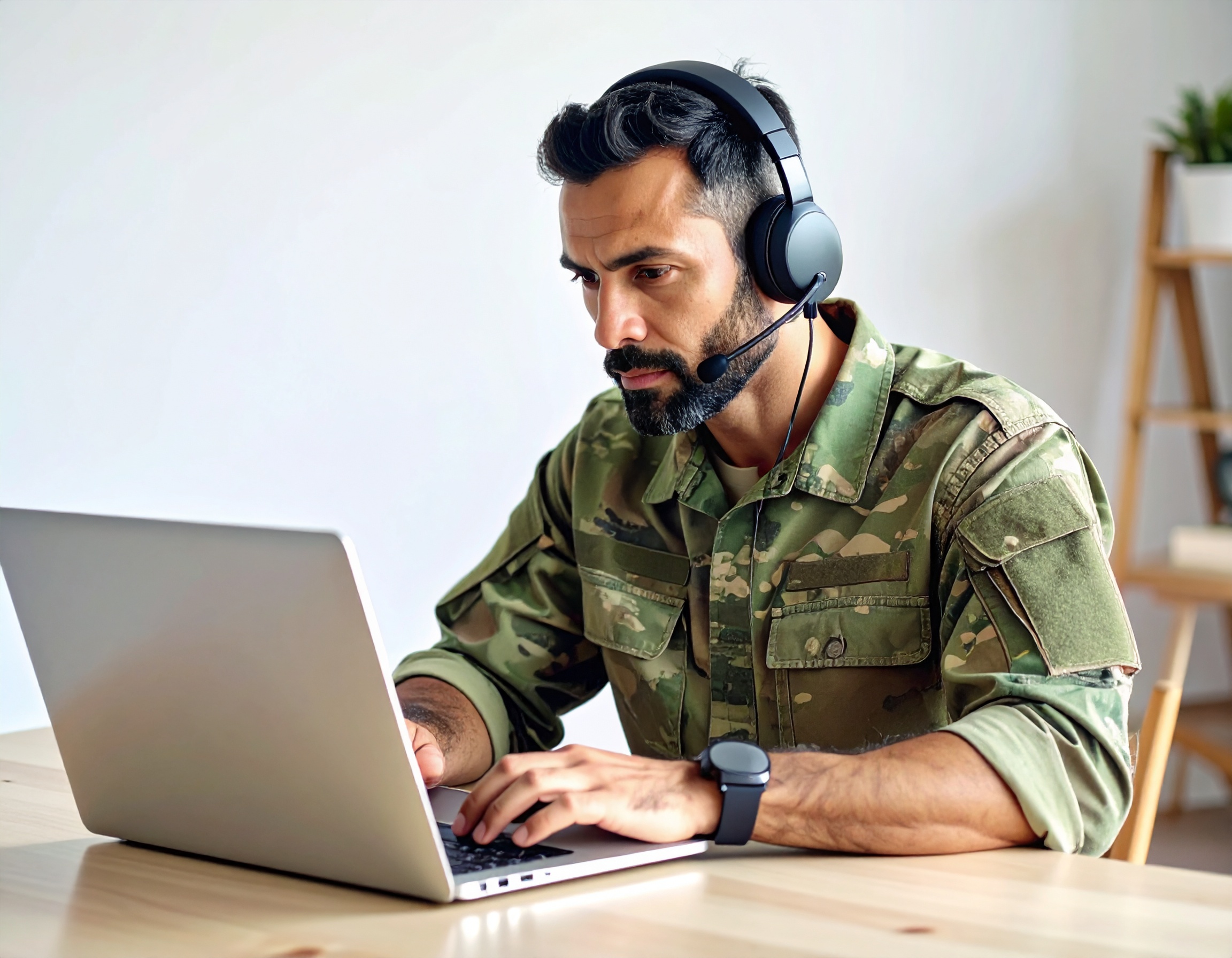 Firefly_Un militar-hombre adulto, auriculares o casco de escucha, laptop abierto con apuntes. 881710